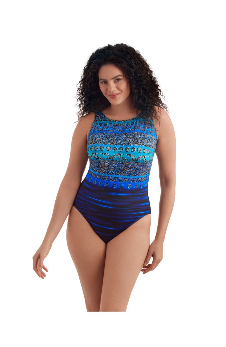 Longitude Scoopback Highneck High Leg Long Torso One-Piece Swimsuit, Alternate, color, Just Shine