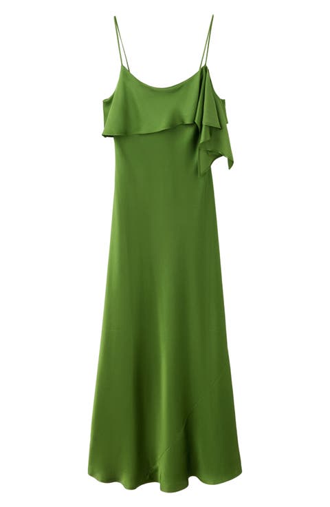 Asymmetric Ruffle Satin Midi Slipdress