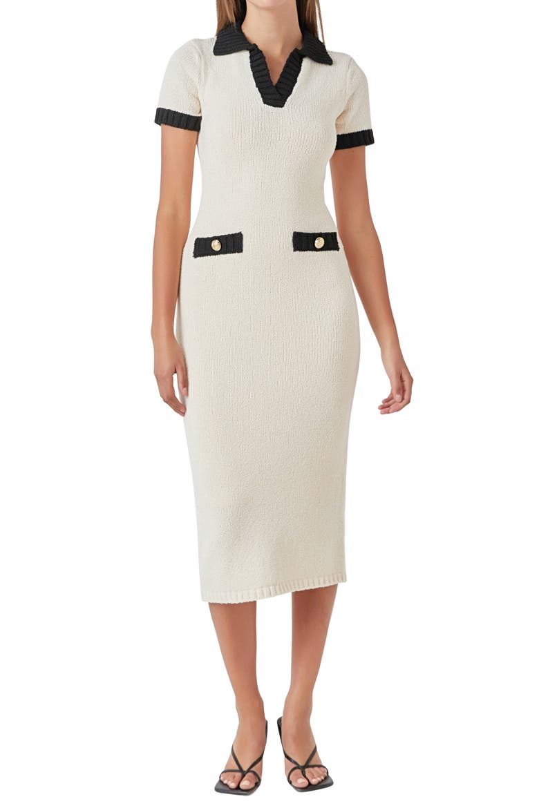 Contrast Trim Sweater Dress, Alternate, color, CREAM/ BLACK
