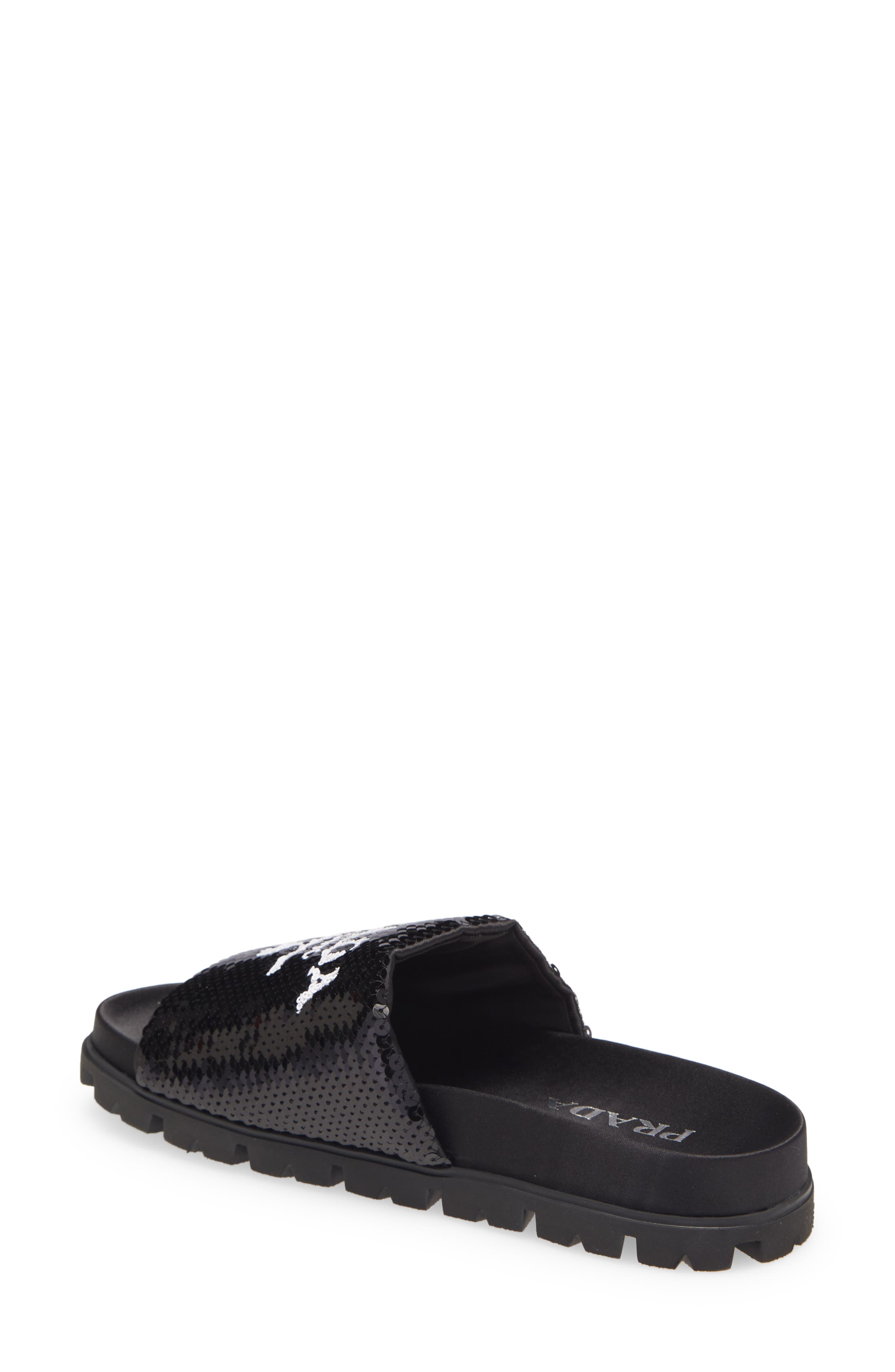 Prada Logo Sequin Slide Sandal, Alternate, color, 