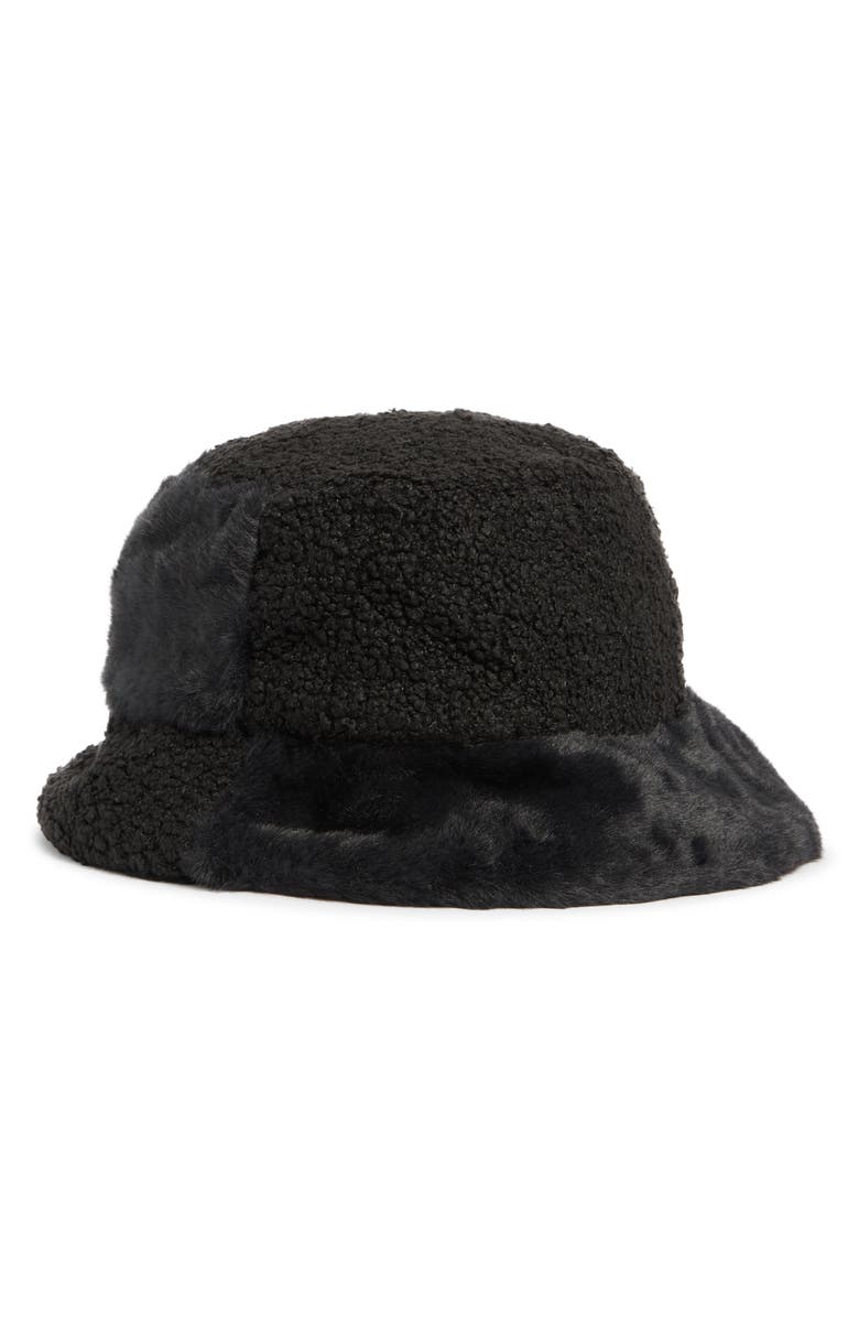 Nanette Lepore Faux Fur Mixed Media Bucket Hat, Alternate, color, Black
