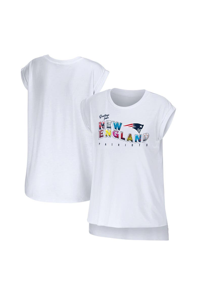 Women's WEAR by Erin Andrews White New England Patriots Greetings From Muscle T-Shirt, Alternate, color, White