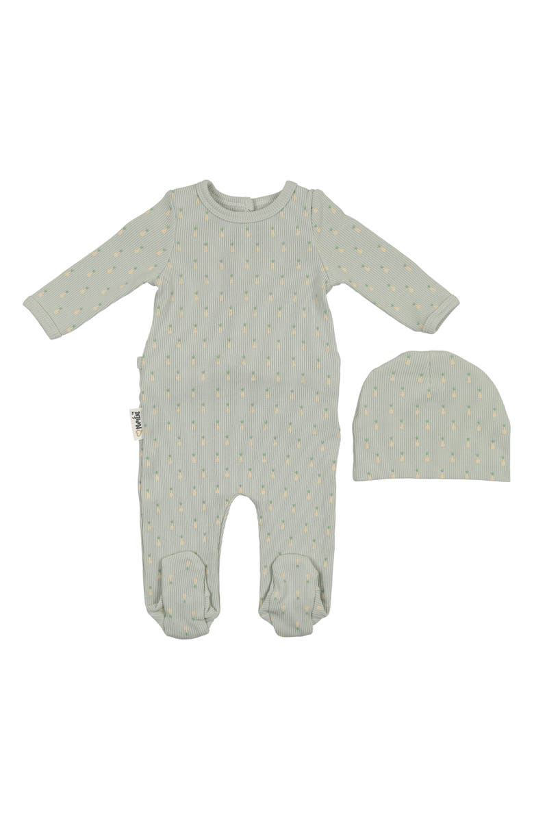 Manière Rib Pineapple Footie & Hat Set, Main, color, Sage