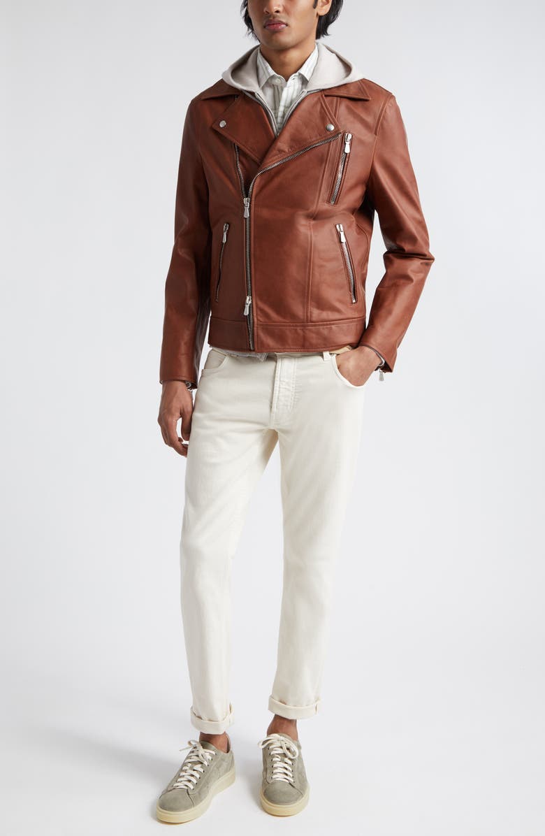 Eleventy Leather Biker Jacket, Alternate, color, Brown