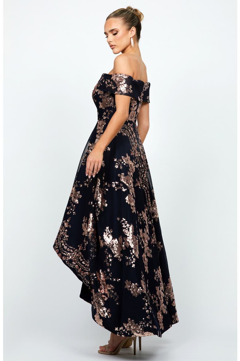 Jessie Off Shoulder Mesh Ball Gown, Alternate, color, ROSE GOLD/NAVY