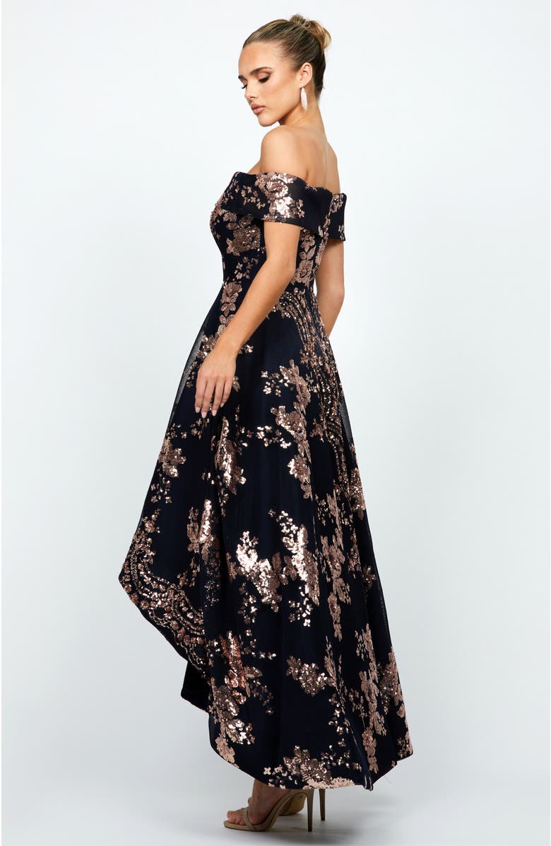 Bariano Jessie Off Shoulder Mesh Ball Gown, Alternate, color, Rose Gold/Navy