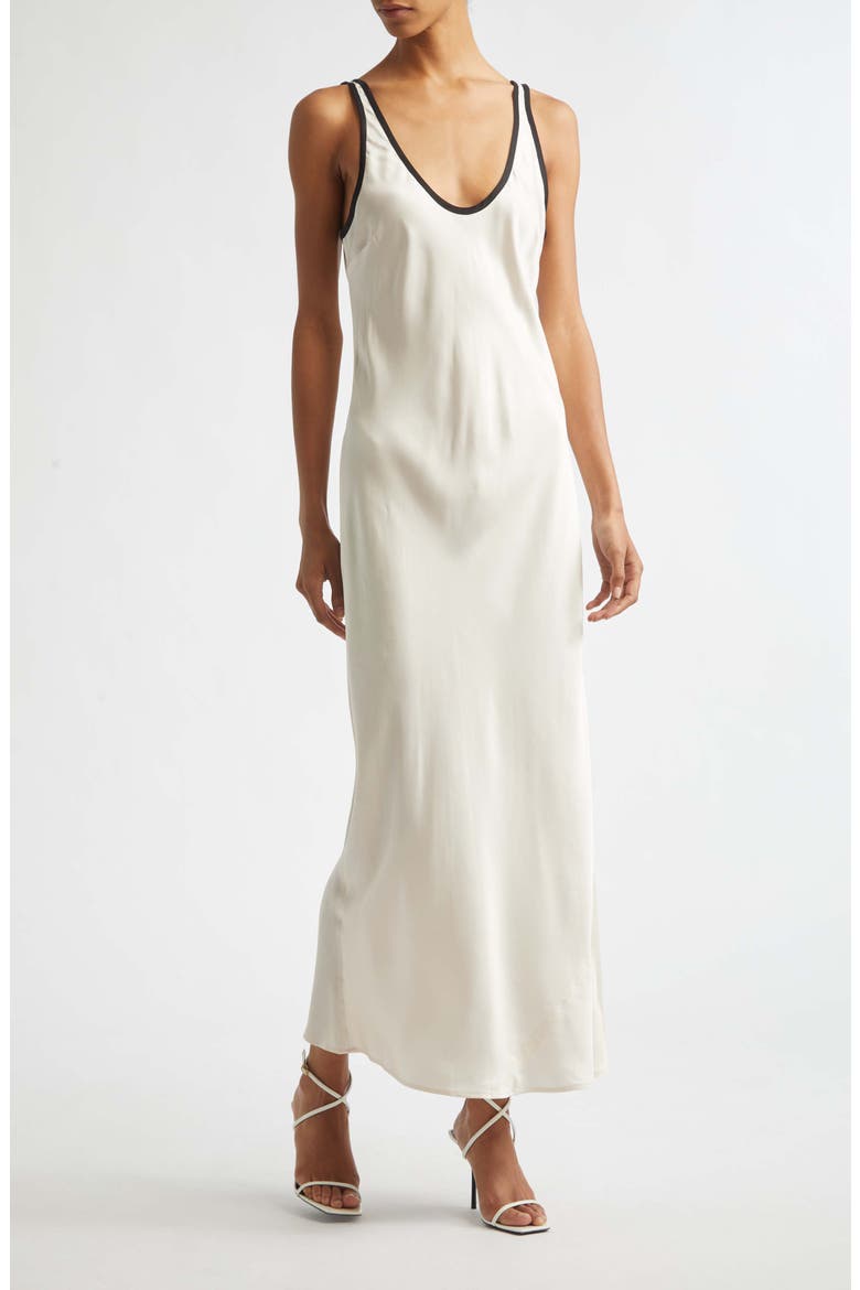 Akiya Print Sleeveless Satin Maxi Dress, Main, color, VINTAGE WHITE/ BLACK
