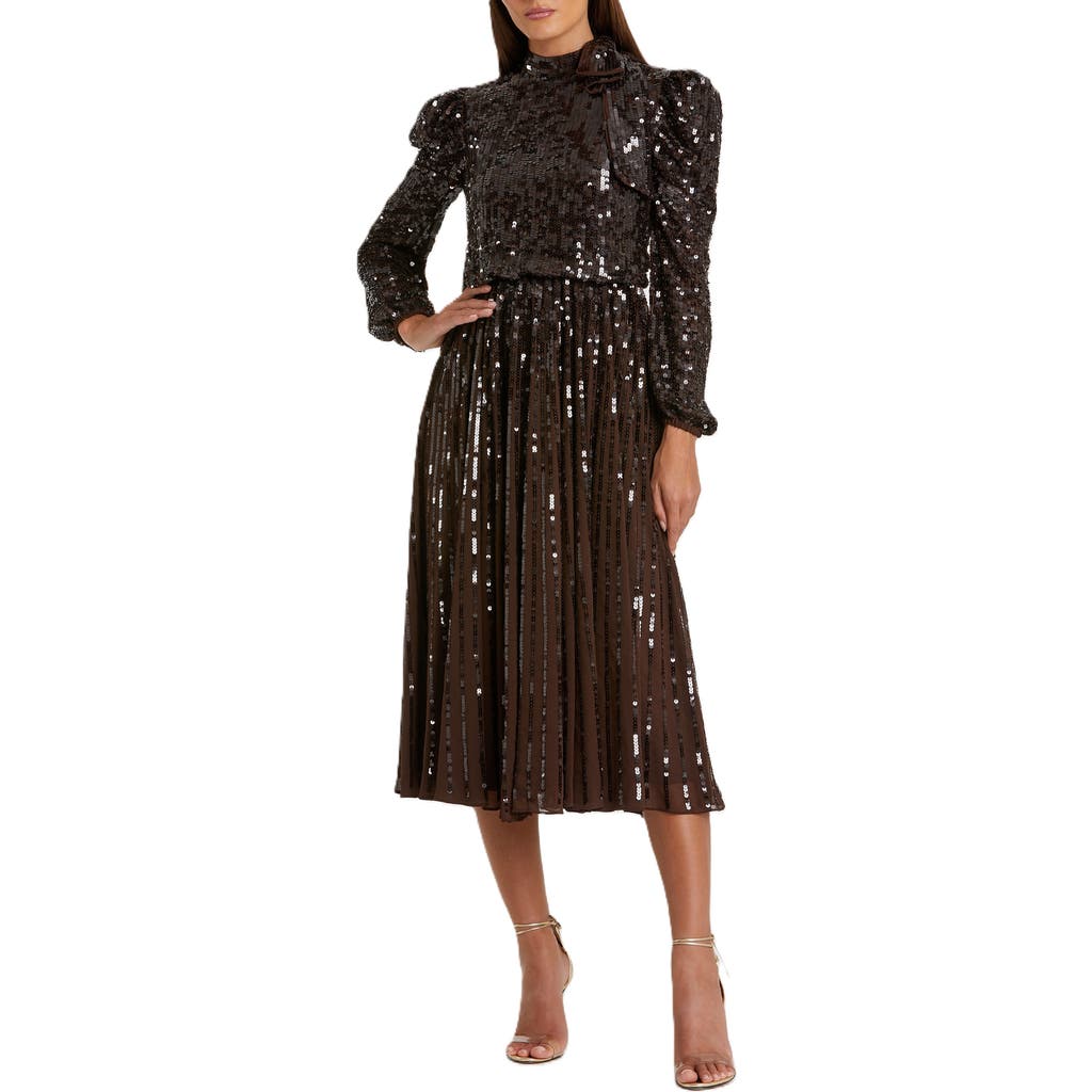 Mac Duggal Long Sleeve Tea Length Sequin Dress In Brown