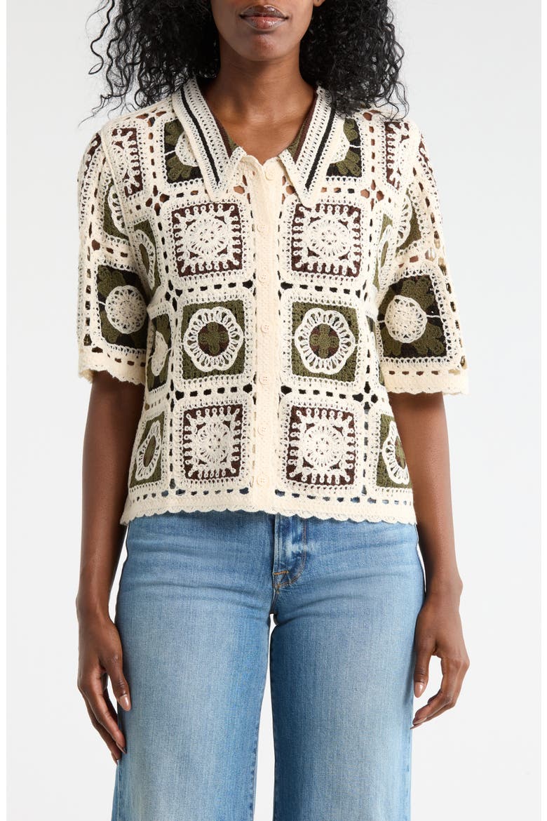 Open Knit Square Short Sleeve Cardigan, Main, color, NATURAL/ BLACK