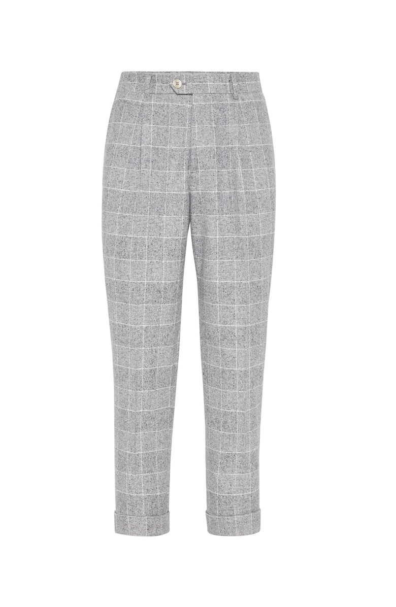 Brunello Cucinelli Flecked silk, wool and cashmere Prince of Wales leisure fit trousers with pleat, Main, color, 
