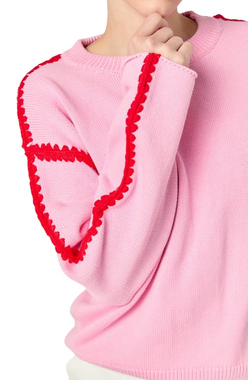 English Factory Stitch Detail Relaxed Fit Cotton Sweater In Pink
