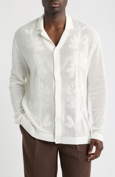 Feriando Long Sleeve Floral Cotton Knit Camp Shirt