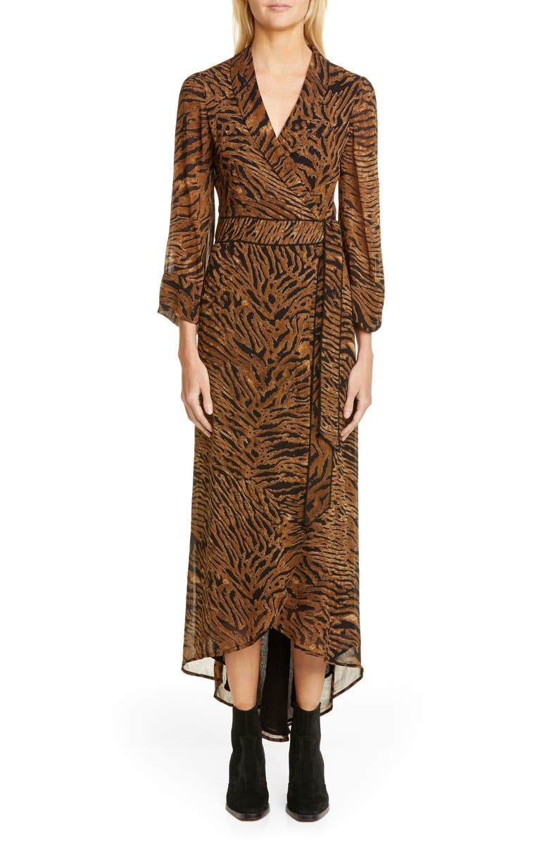 Ganni Tiger Print Georgette Midi Wrap Dress, Main, color,