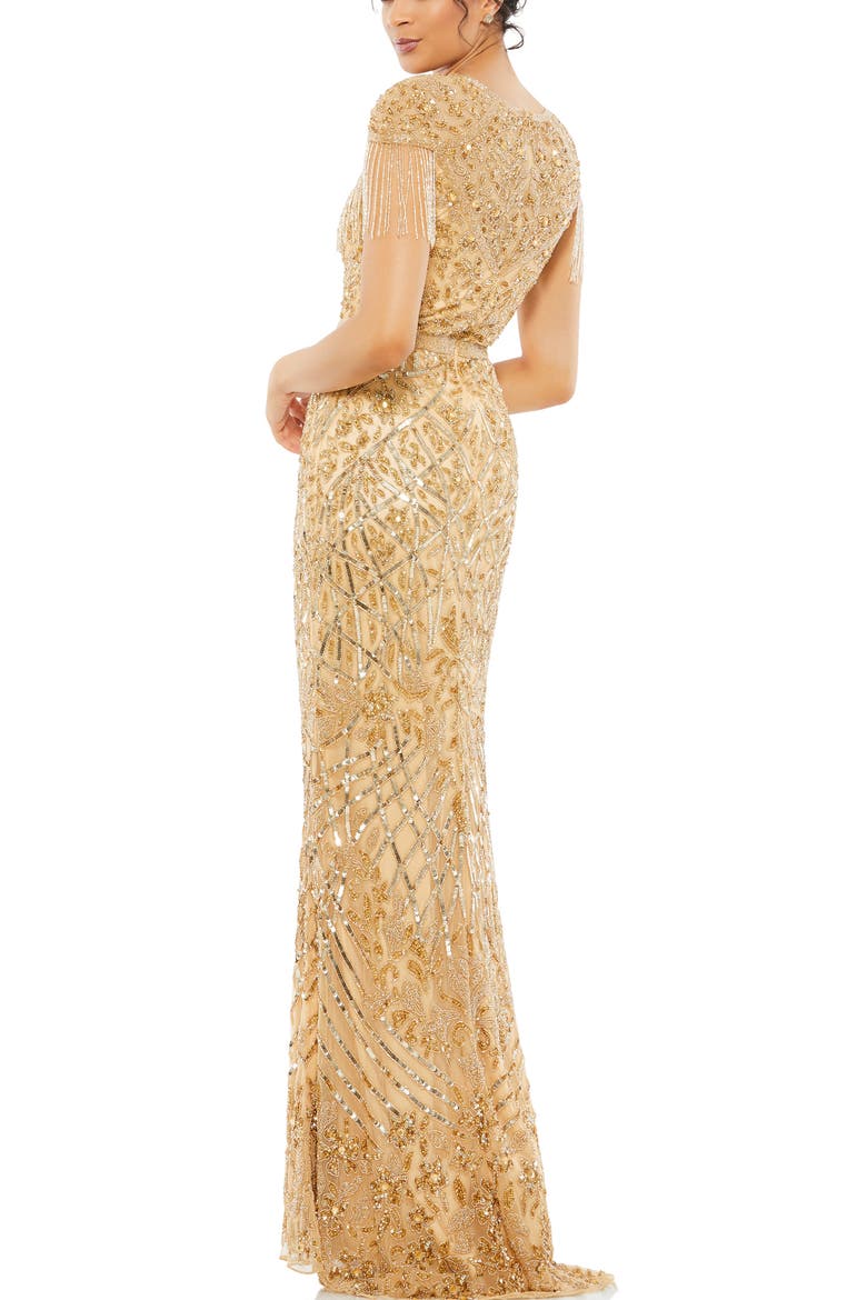Embellished Fringe Cap Sleeve Trumpet Gown, Alternate, color, LIGHT GOLD