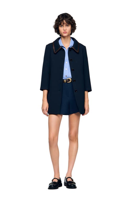 Sandro Coat With Leather Stripes In Blue