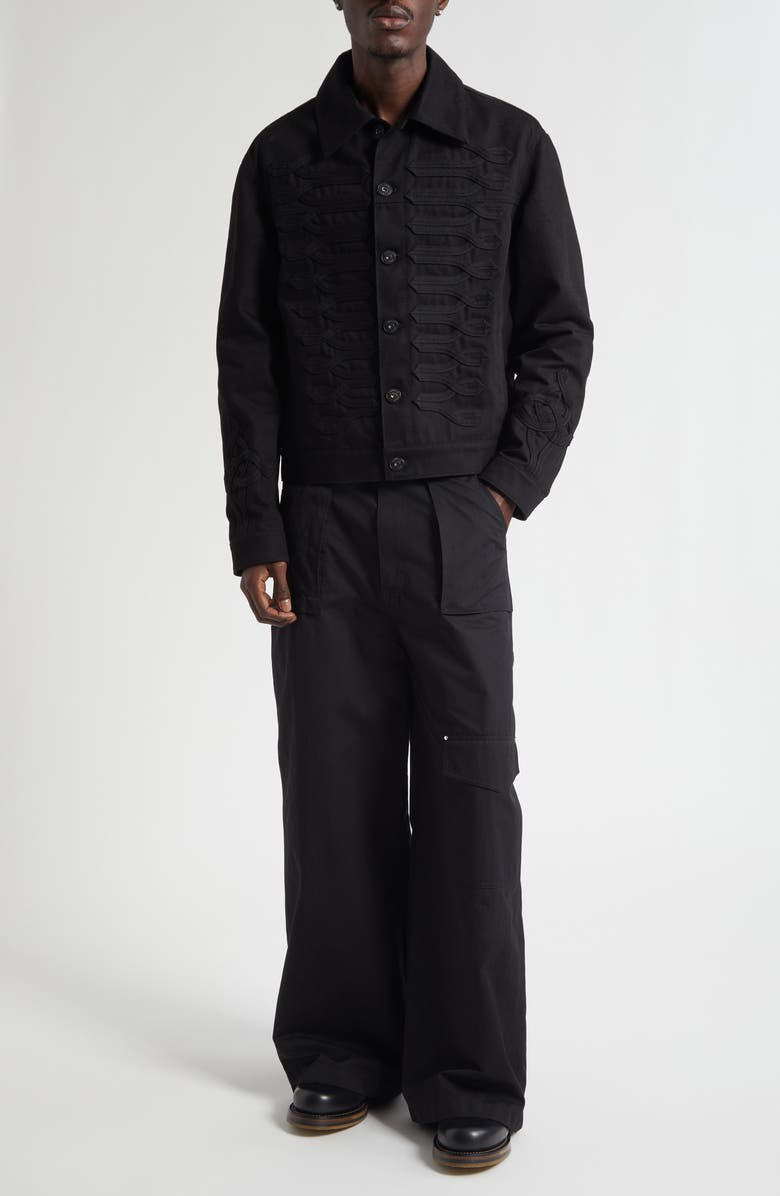 McQueen Frogged Cotton Denim Trucker Jacket, Alternate, color, Black