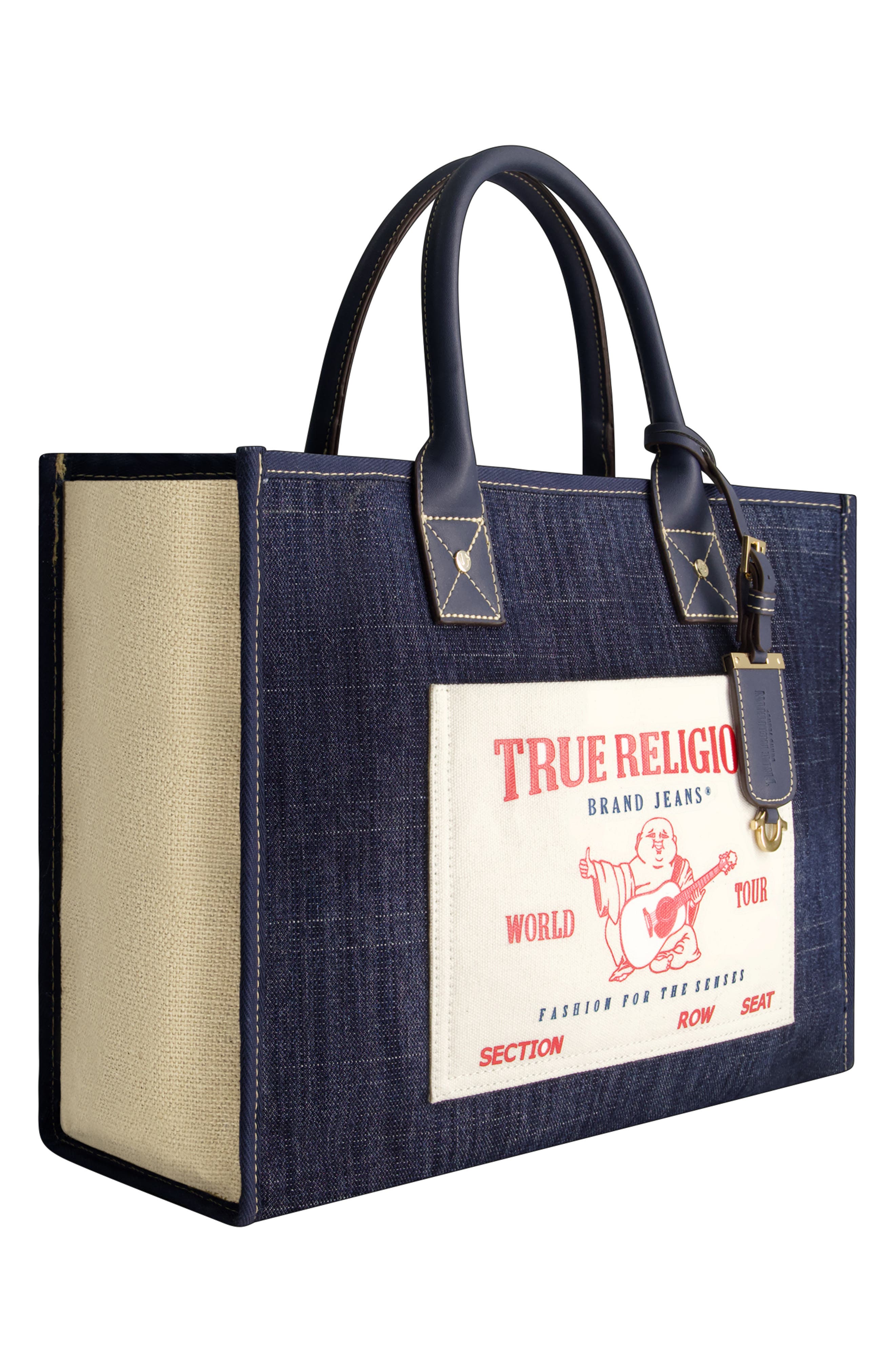 USPA ACCESSORIES Buddha Pocket Denim Tote Bag, Alternate, color, Dark Denim