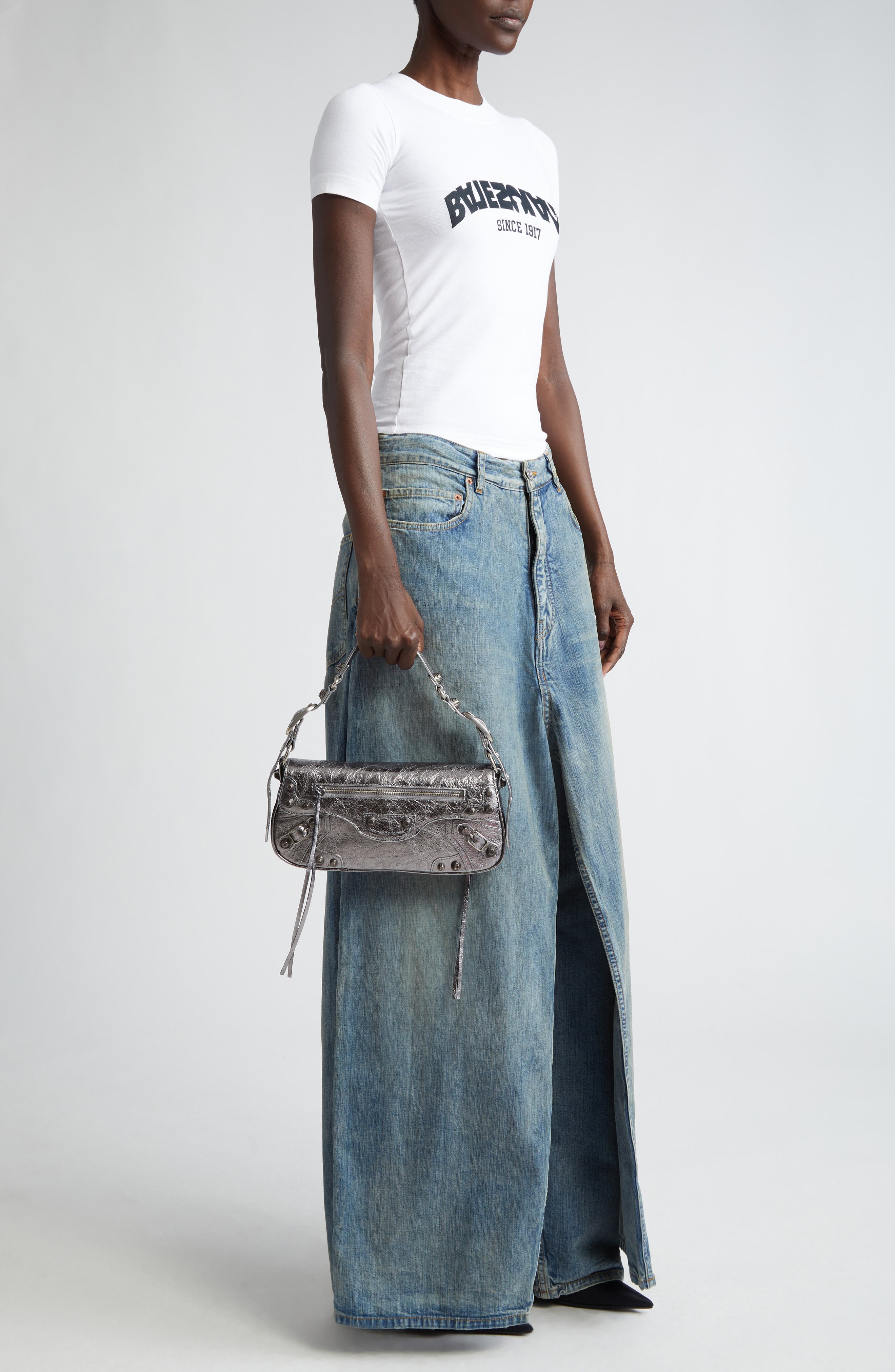 Small Le Cagole Metallic Leather Shoulder Bag, Alternate, color, SILVER