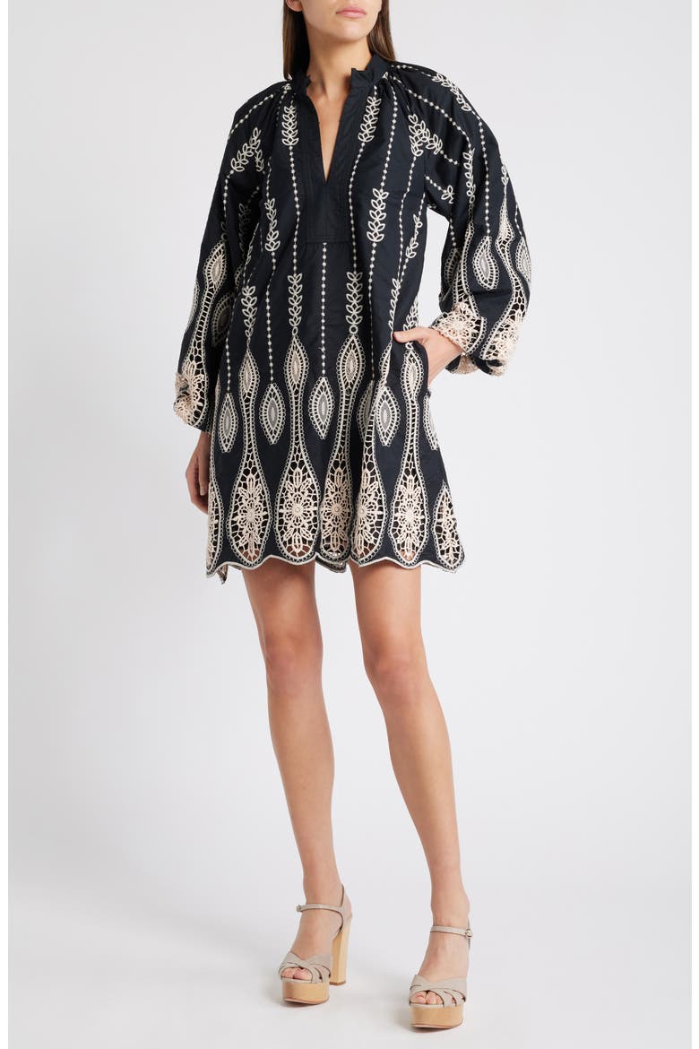 Dianna Embroidered Long Sleeve Cotton Shift Dress, Main, color, BLACK/CREAM