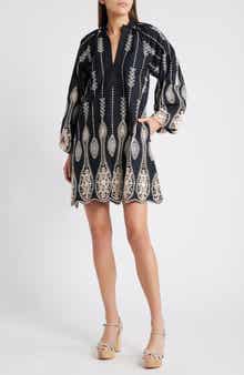 CIEBON Dianna Embroidered Long Sleeve Cotton Shift Dress