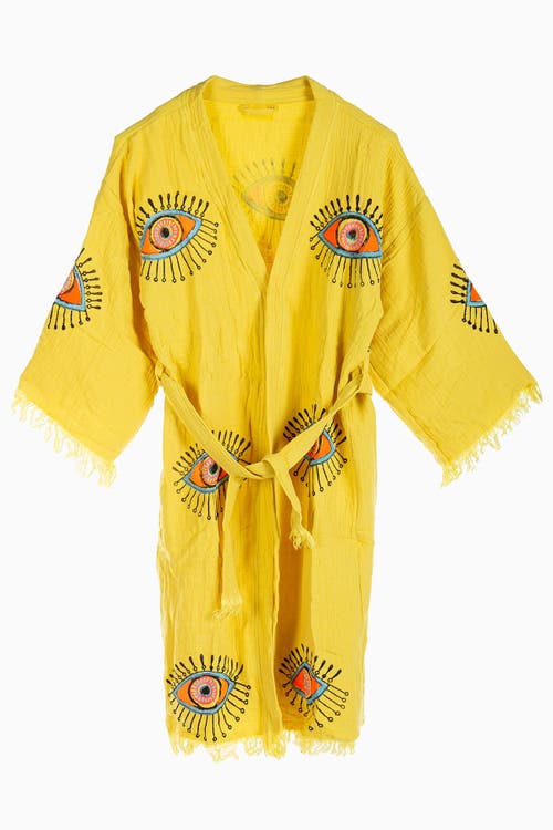 Forever & Always Shoes Aria Evil Eye Handmade Cotton Kimono In Yellow