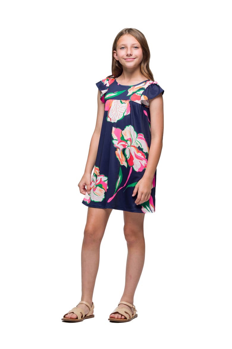 Navy Blue Floral Print Cap Sleeve Babydoll Dress, Alternate, color, Blue Multi