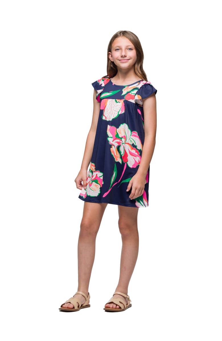 24sevenKid Navy Blue Floral Print Cap Sleeve Babydoll Dress, Alternate, color, Blue Multi