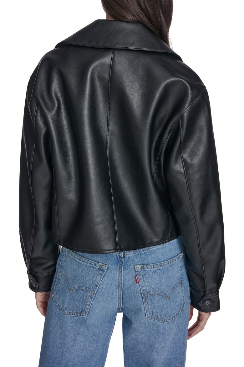 Double Breasted Faux Leather Crop Trench Coat, Alternate, color, BLACK