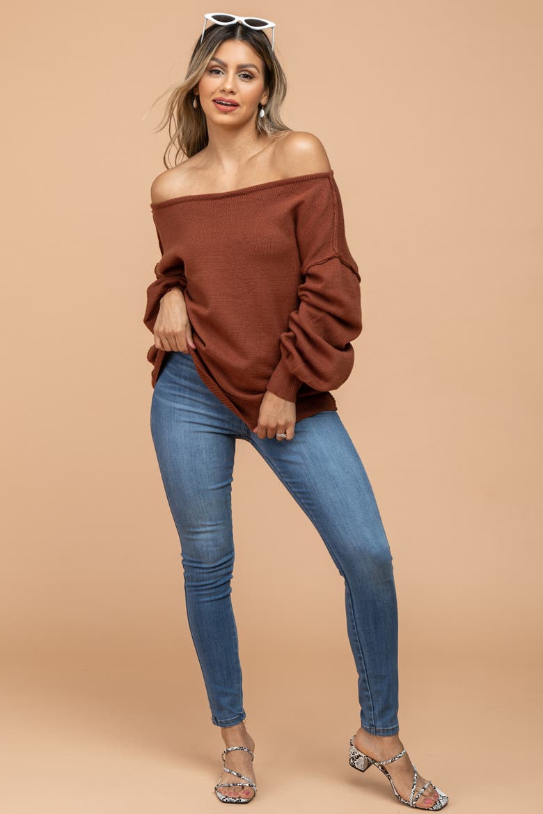 Boat Neck Bubble Sleeve Sweater, Alternate, color, Camel