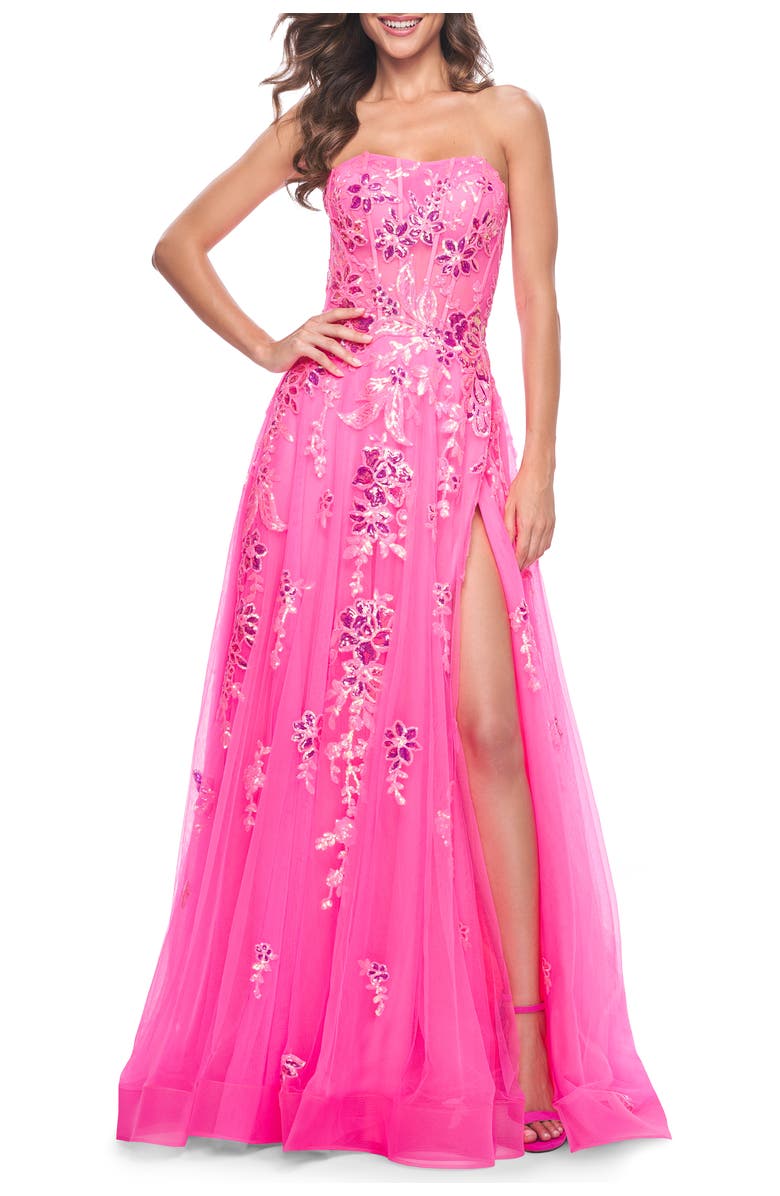 La Femme Strapless Tulle A-Line Dress with Sequin Floral Applique, Alternate, color, Neon Pink