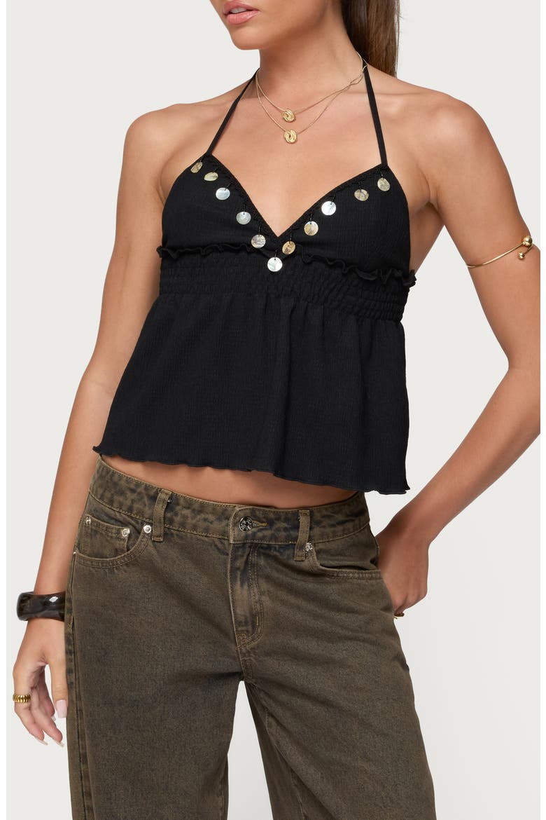 Pailette Sequin Halter Crop Top, Main, color, BLACK