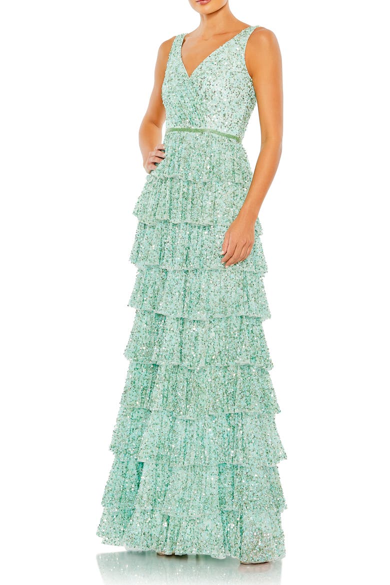 Sleeveless Sequin Ruffle Tiered Gown, Main, color, MINT