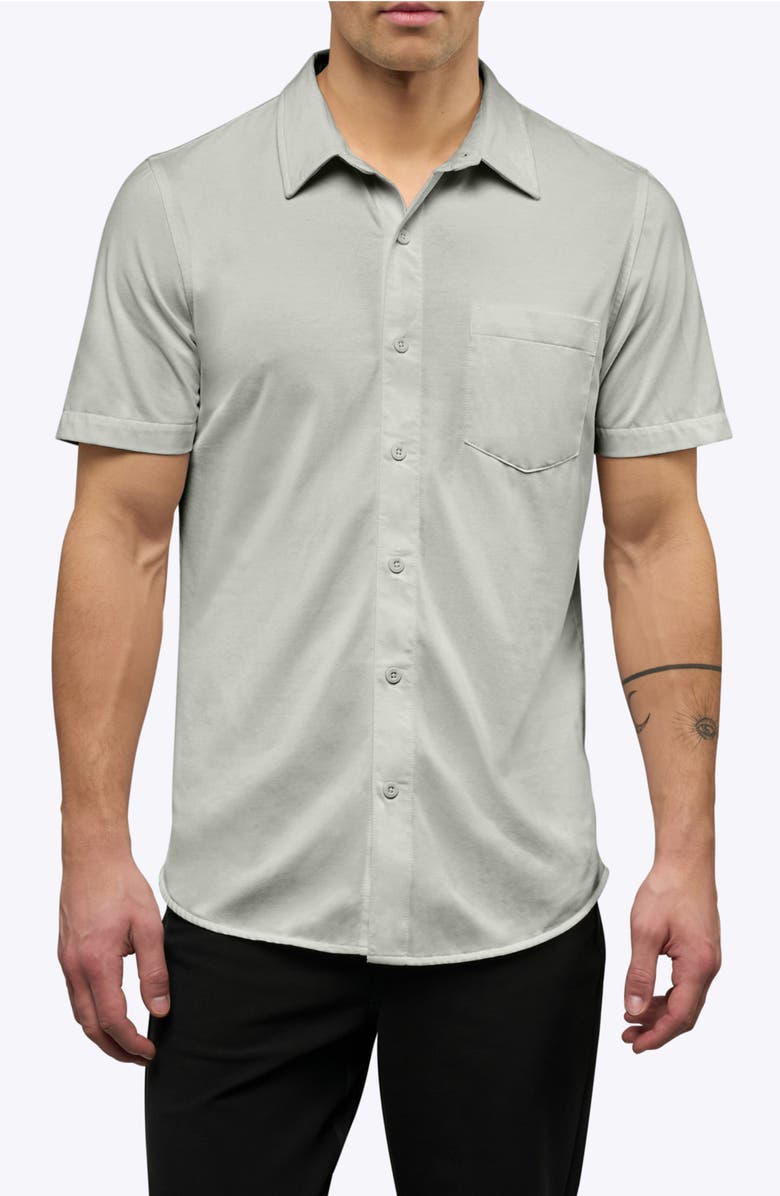 Cuts AO Curved Hem Short Sleeve Button-Up Shirt, Main, color, Mourning Dove