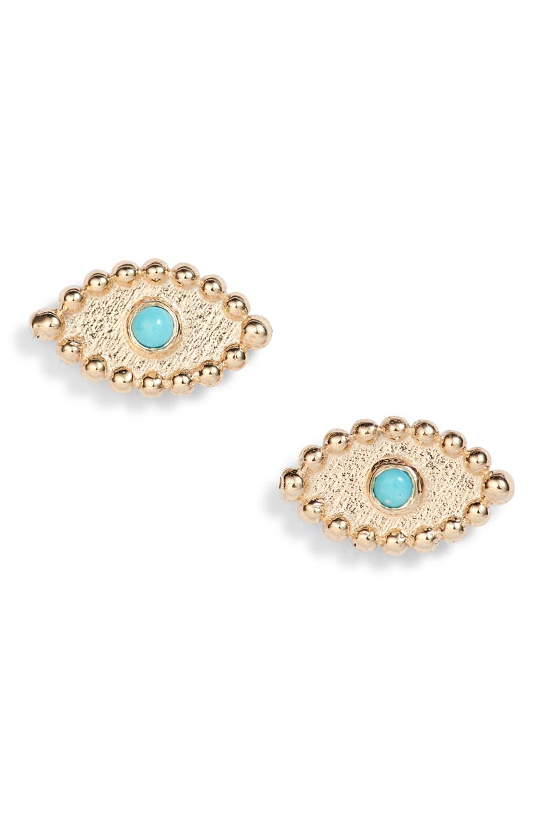 Dew Drop Turquoise Evil Eye Stud Earrings, Main, color, GOLD