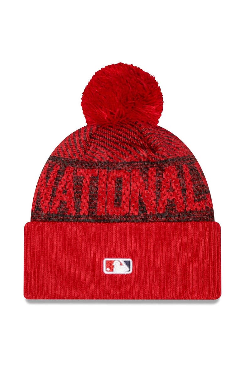 Men's New Era Red Washington Nationals Authentic Collection Sport Cuffed Knit Hat with Pom, Alternate, color, Red