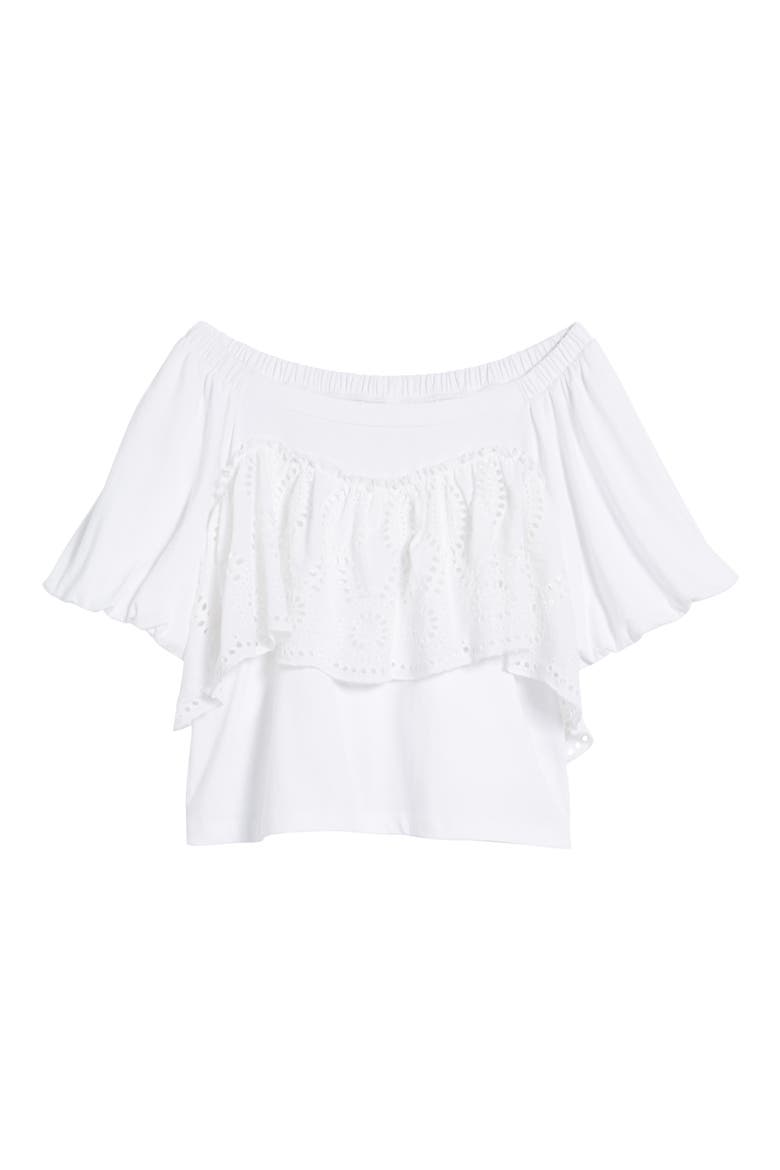 Eyelet Ruffle Off the Shoulder Top, Alternate, color, WHITE