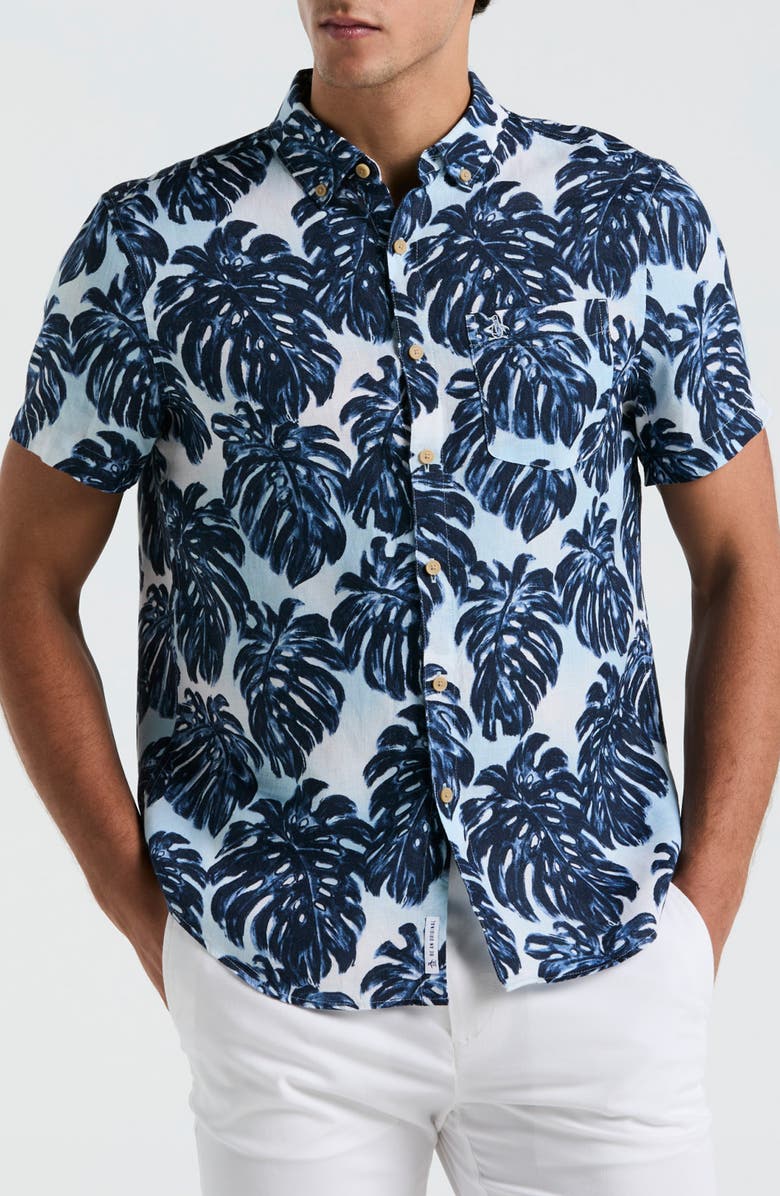 Original Penguin Monstera Linen Short Sleeve Button-Down Shirt, Main, color, Crystal Blue