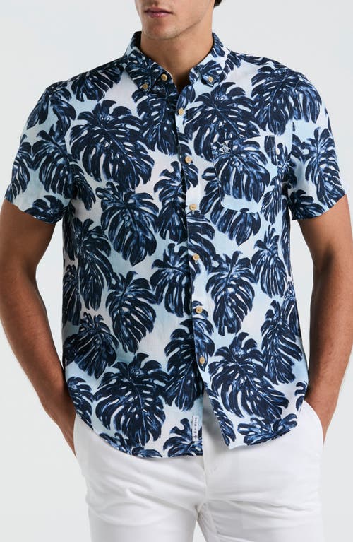 Original Penguin Monstera Linen Short Sleeve Button-down Shirt In Crystal Blue