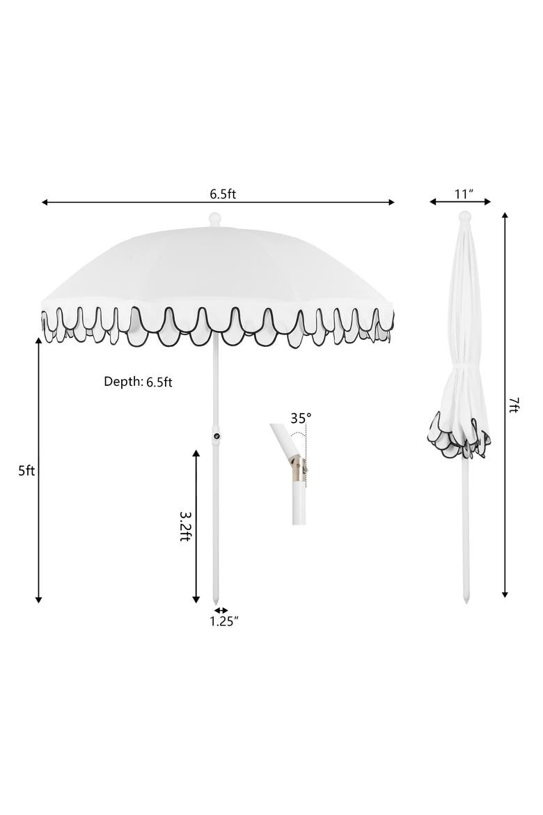 Horizon Coastal Scalloped Edge Beach Umbrella with Fringe, Push-Button Tilt, UV 50 Outdoor Canopy and Portable Carry Bag, Alternate, color, White - White Pole