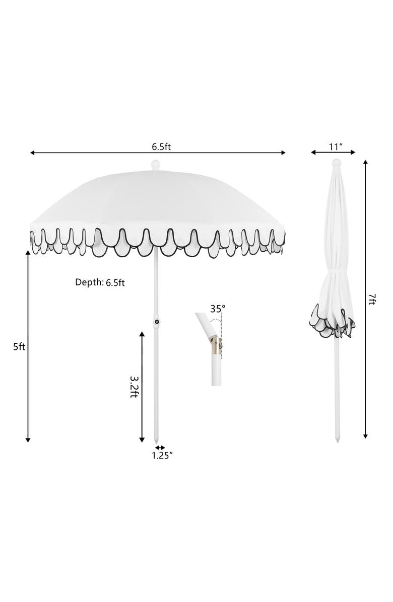 JONATHAN Y Horizon 6.5 ft. Classic MidCentury Scalloped Fringe Market Beach Umbrella with Push-Button Tilt, Alternate, color, White - White Pole