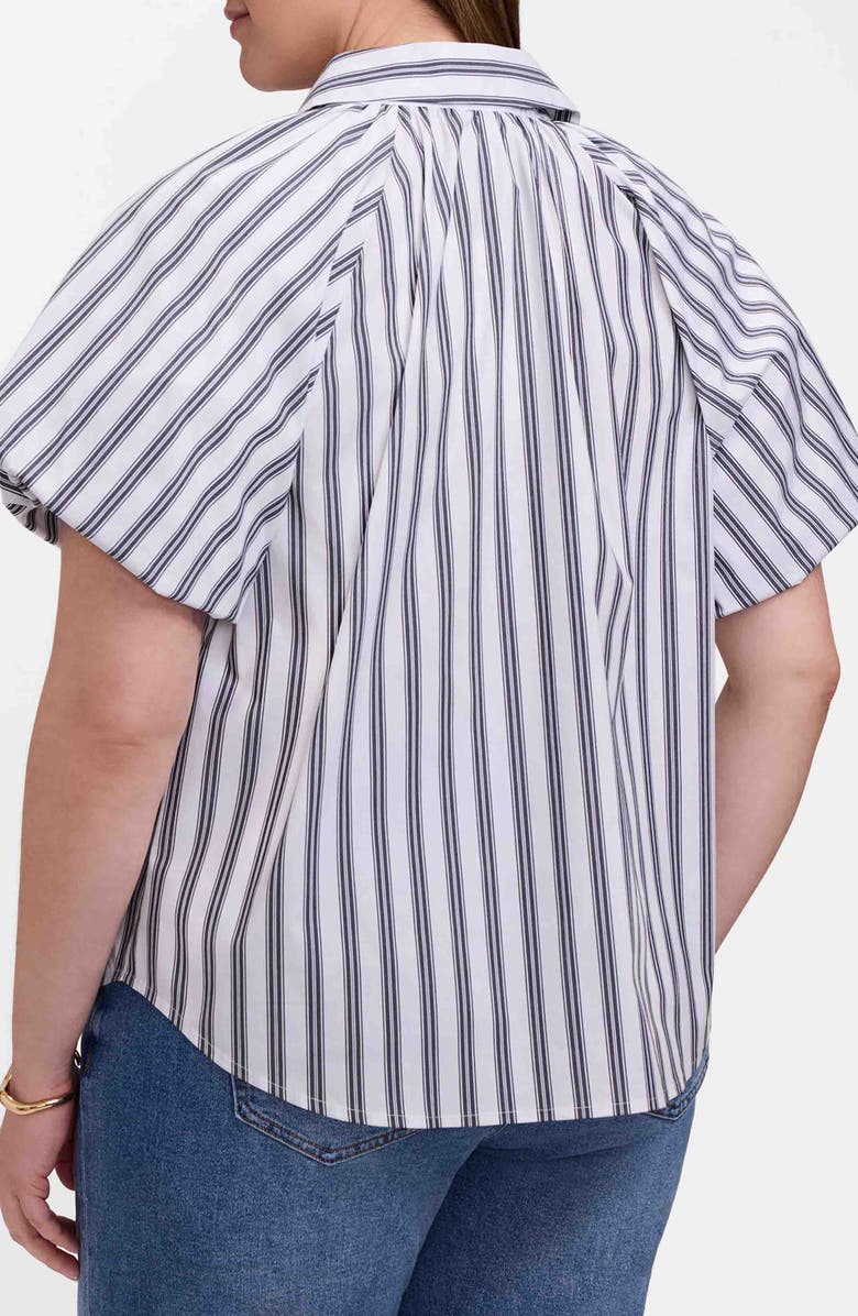 Foxcroft Paula Stripe Puff Sleeve Cotton Blend Button-Up Shirt, Alternate, color, Black/ White