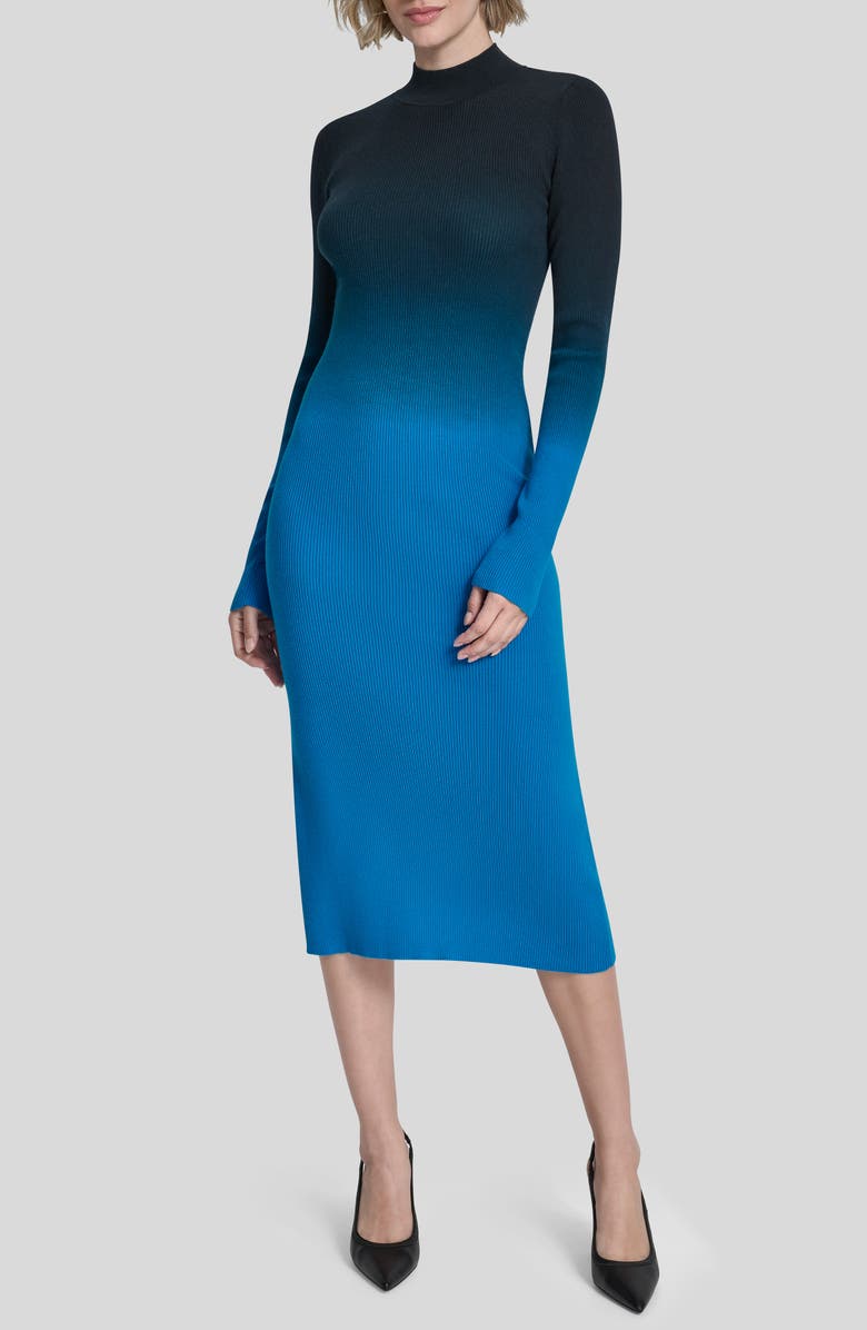 DKNY Dip Dye Long Sleeve Cotton Blend Body-Con Dress, Main, color, Ocean Blue
