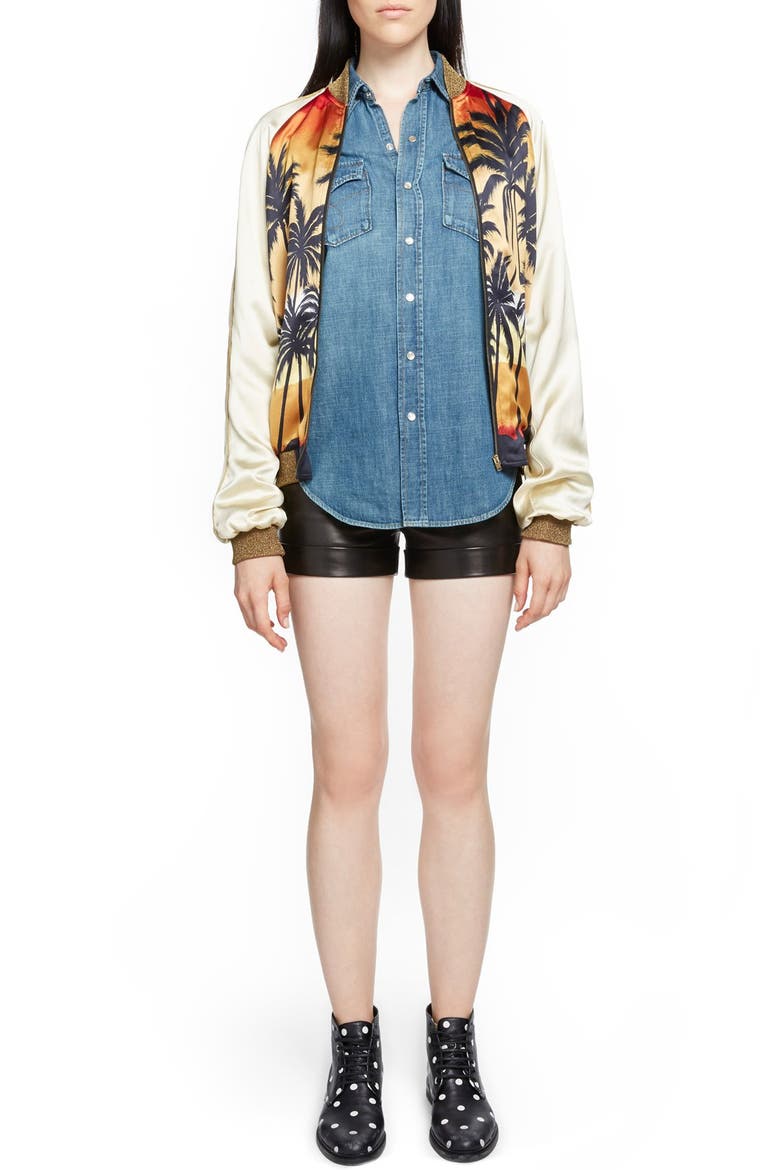 Palm Print Raglan Bomber Jacket, Alternate, color, RED/ BLACK/ YELLOW