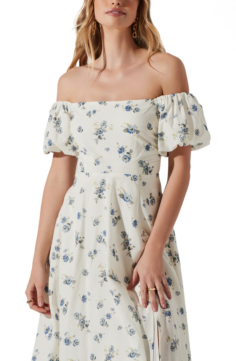 ASTR the Label Off the Shoulder A-Line Dress, Alternate, color, White Blue Floral