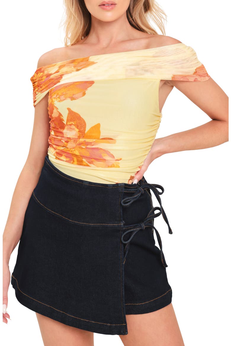 Off the Shoulder Ruched Mesh Top, Main, color, IVORY