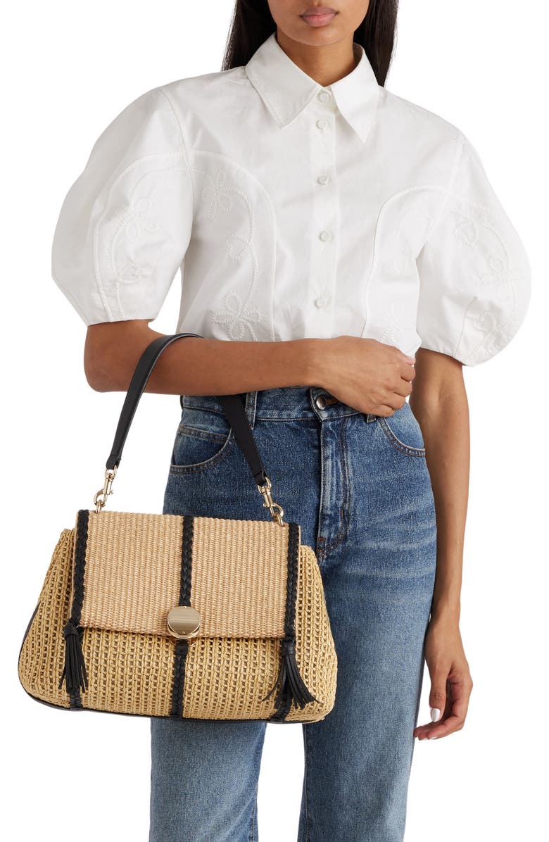 Chloé Medium Penelope Raffia & Leather Shoulder Bag, Alternate, color,