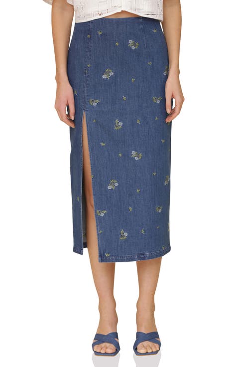Floral Embroidered High Slit Denim Midi Skirt