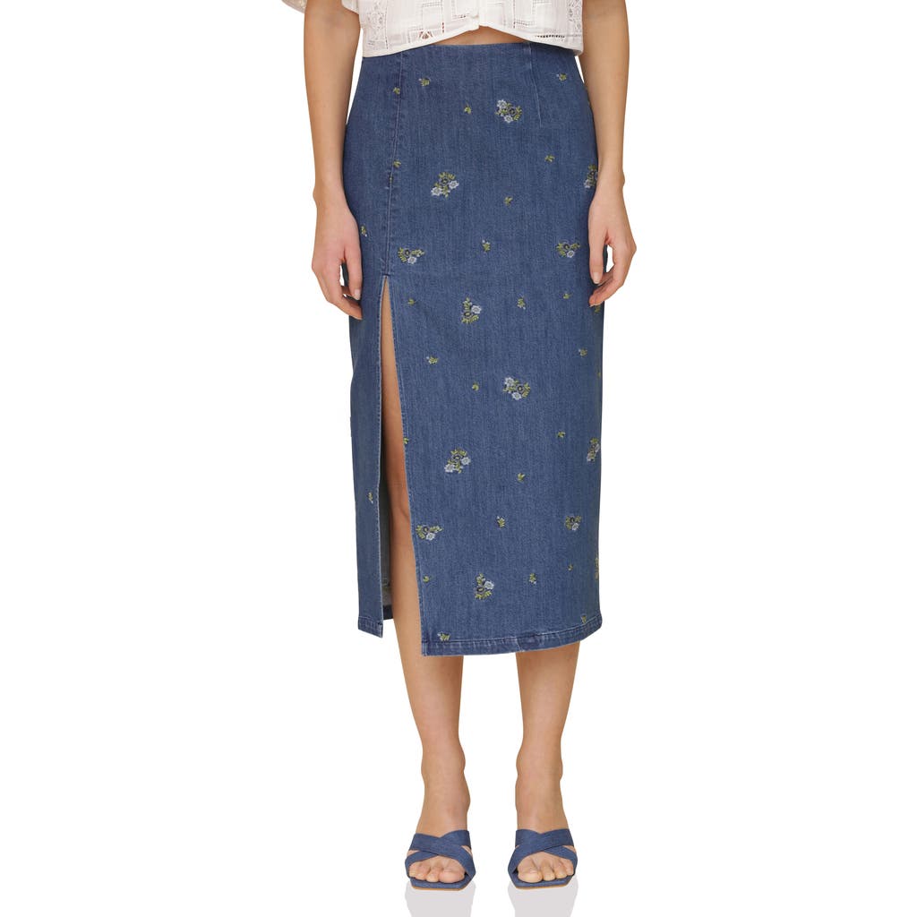 Shop Avec Les Filles Floral Embroidered High Slit Denim Midi Skirt In Kauri Wash W Ditsy F