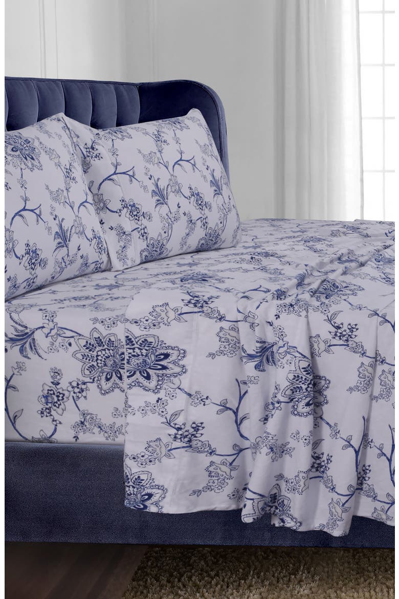 Floral Cotton Flannel Sheet Set, Main, color, WHITE/ BLUE FLORAL