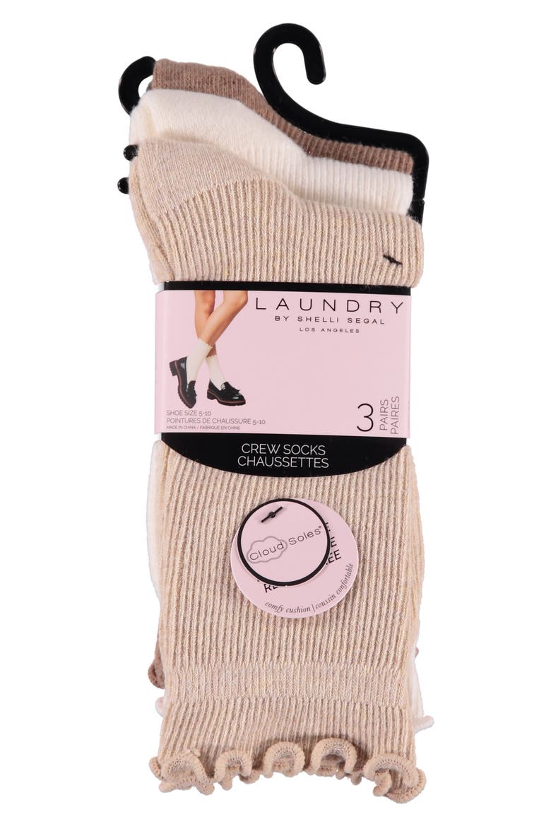 3-Pack Lettuce Edge Cushion Crew Socks, Main, color, OATMEAL HEATHER/ BONE/ BROWN